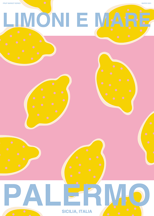  – Grafisk illustration med blå text och gula citroner på en vit och rosa bakgrund