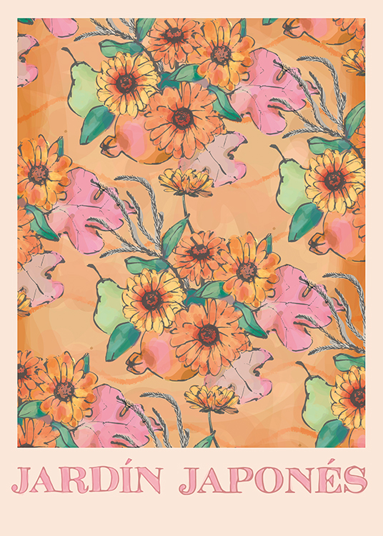  – Illustration av orange och rosa blommor med gröna blad och päron med rosa text under