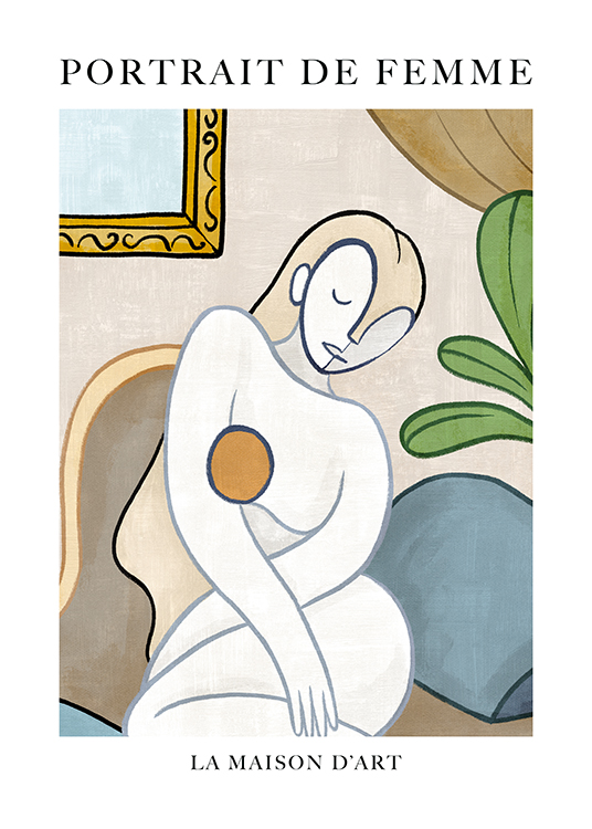  – Abstrakt illustration med ett porträtt av en naken kvinna i vitt och beige