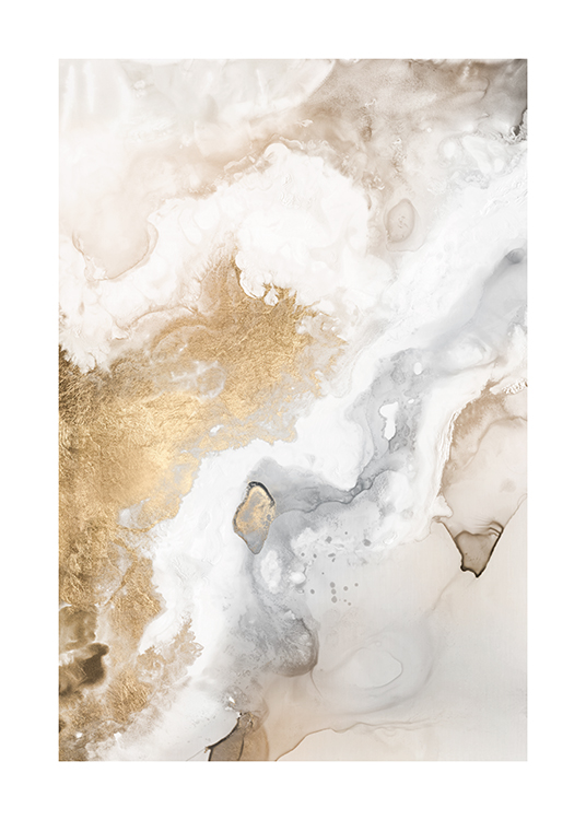  – Abstrakt målning i vitt, beige och guld med flödande färger