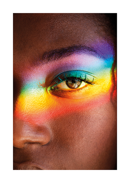 – Fotografi av ett brunt öga med regnbågsfärgerna över