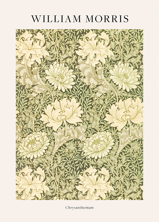  – Blommönster-illustration med krysantemum och blad i grönt
