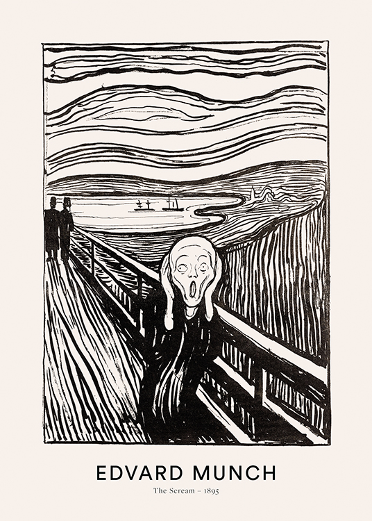  – Illustration i svart av en skrikande person framför ett landskap, på en beige bakgrund