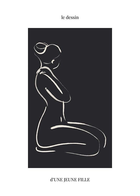  – Illustration med en naken kvinna på knä, ritad i line art på en svart och ljus bakgrund