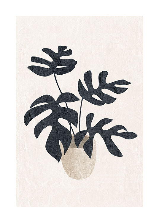  – Illustration av en Monstera Philodendron/Monstera Tetrasperma i mörkgrått mot en ljusbeige bakgrund