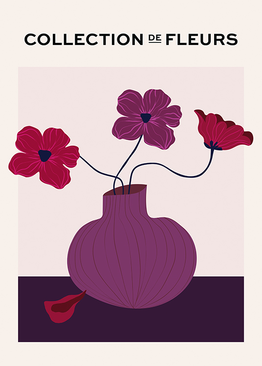  – Grafisk illustration med lila och röda blommor i en lila vas på en beige bakgrund