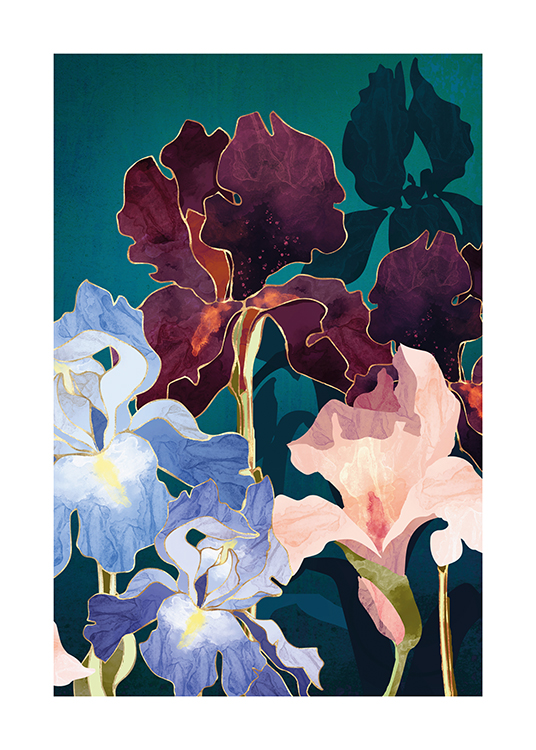 – Illustration med blå, rosa och mörklila irisblommor på en grönblå bakgrund