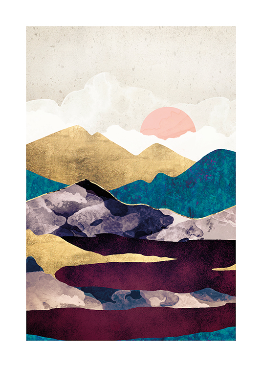 – Illustration med guldfärgade och blå berg bakom en mörkröd sjö, med en beige himmel i bakgrunden
