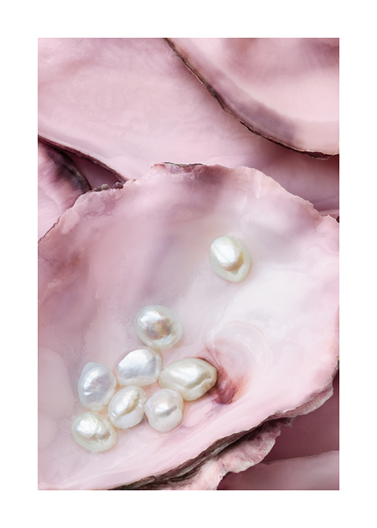  – Fotografi av rosa ostron med vita pärlor som ligger i ett av ostronen