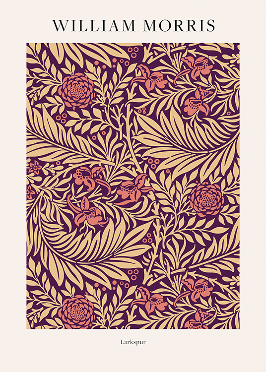  – Illustration med rosa blommor och beige blad mot en mörklila bakgrund
