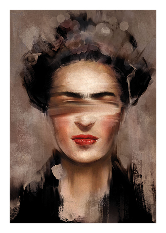  – Målning med ett abstrakt porträtt av Frida Kahlo med röda läppar mot en beige och brun bakgrund