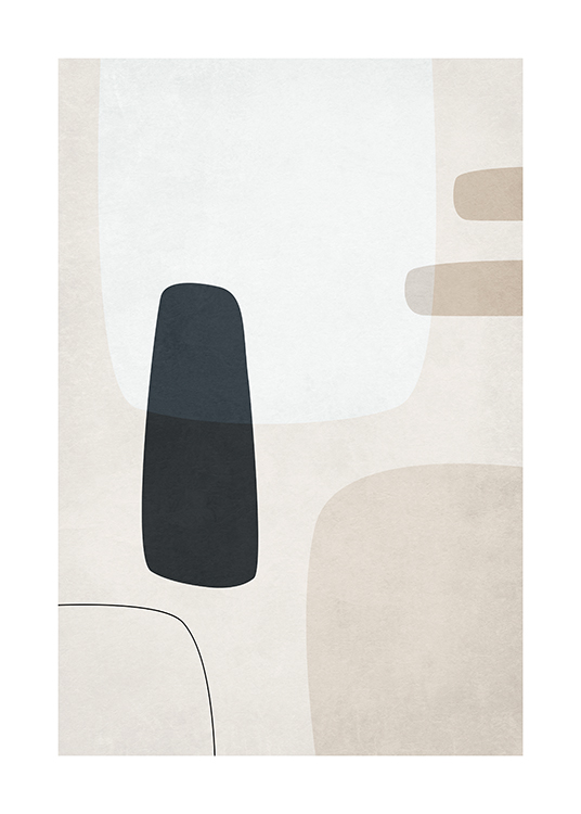  – Grafisk illustration med abstrakta former i svart, ljusgrått och beige mot en ljusbeige bakgrund