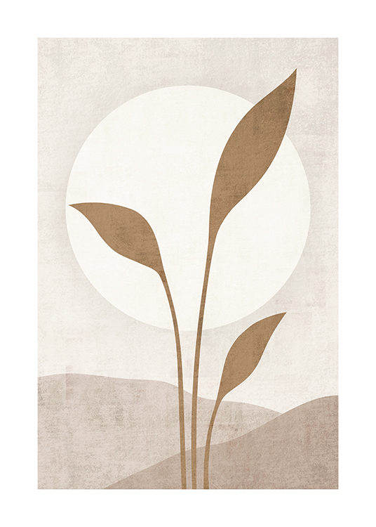  – Illustration med en vit sol bakom beige blad, mot en beige bakgrund