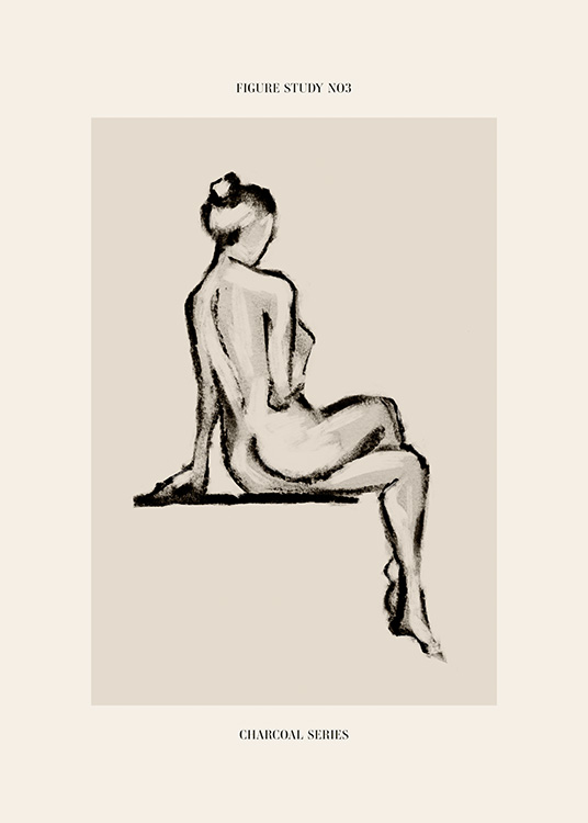  – Skiss i kol av en naken kvinna med benen korsade sedd bakifrån, på en beige bakgrund