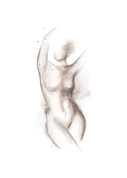  – Skiss av en kvinnlig, naken kropp med armarna sträckta uppåt, mot en vit bakgrund