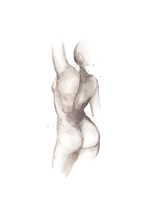  – Skiss av en naken kvinnas kropp sedd bakifrån, ritad på en vit bakgrund