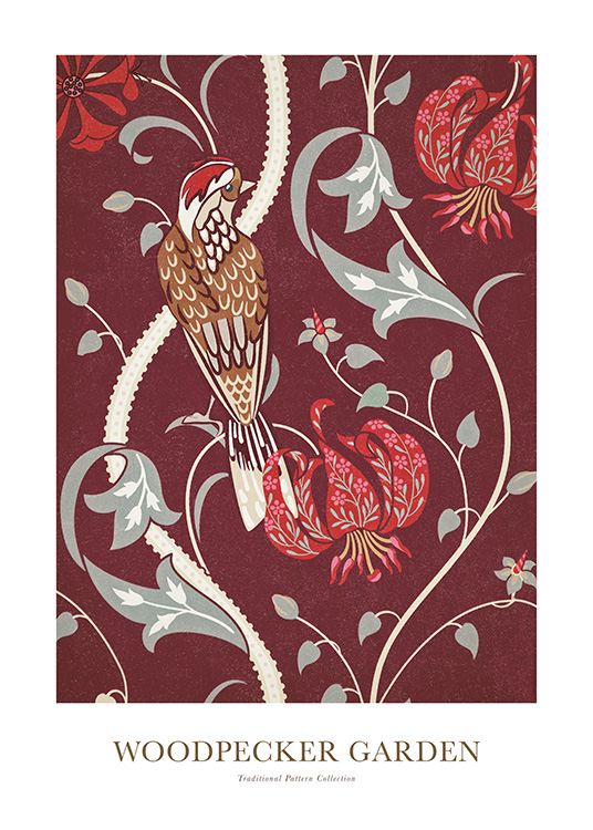 – Illustration av en liten fågel och ett rött och grått blommönster på en röd bakgrund