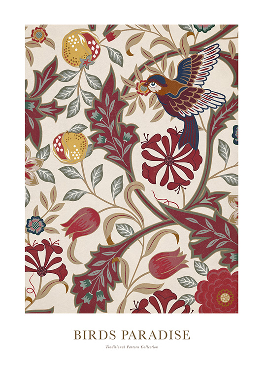  – Illustration med en fågel och blommor i rött, grått och beige på en ljusbeige bakgrund