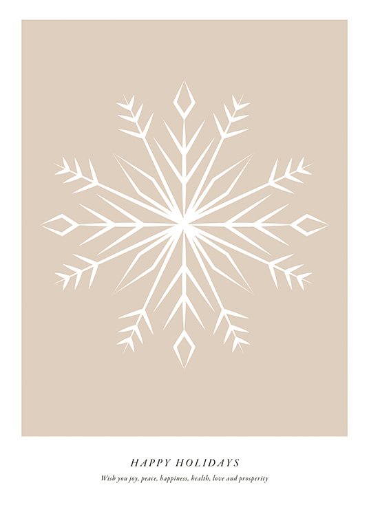 – Illustration av en vit, abstrakt snöflinga mot en beige bakgrund och text under