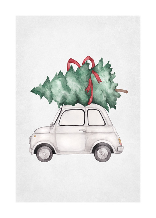  – Illustration av en liten bil med en grön julgran på taket, bunden med en röd rosett