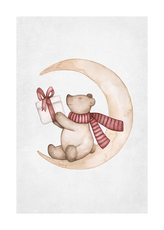– Illustration av en liten björn som sitter på en måne, håller i en julklapp och bär en röd halsduk
