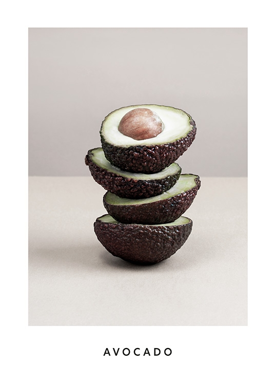  – Fotografi av halva avokados som balanserar ovanpå varandra mot en grå bakgrund