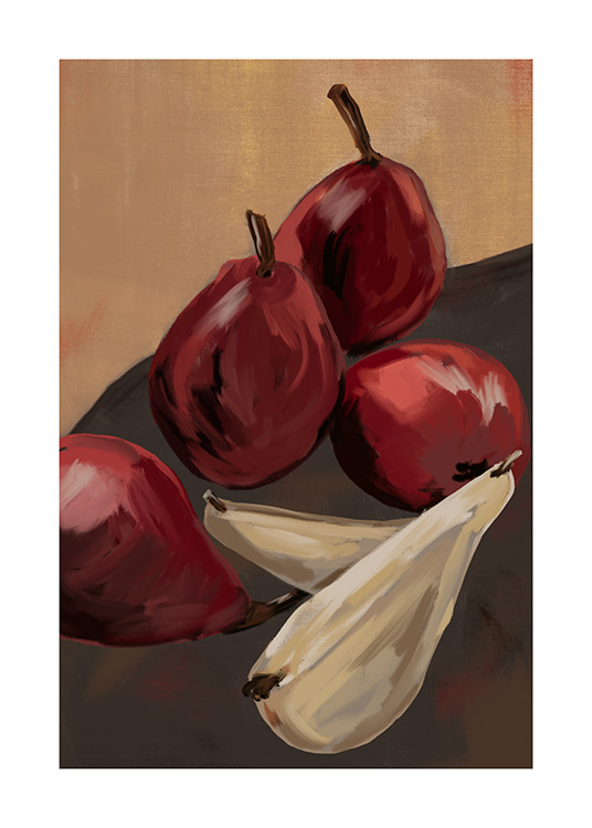  – Illustration med handmålade päron i beige och mörkrött på en beige och brun bakgrund