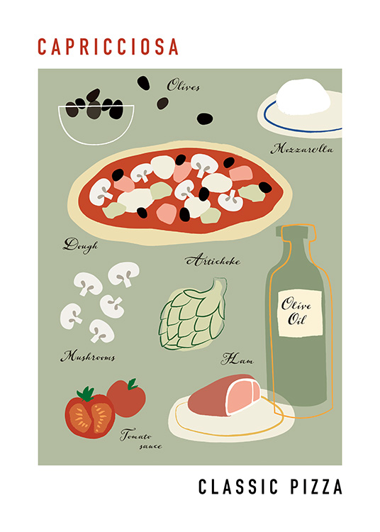  – Grafisk illustration med capricciosaingredienser och en pizza på en grågrön bakgrund