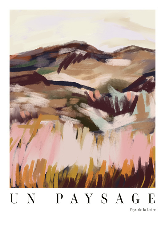  – Abstrakt målning av ett landskap i olika nyanser av brunt och rosa, och text längst ner