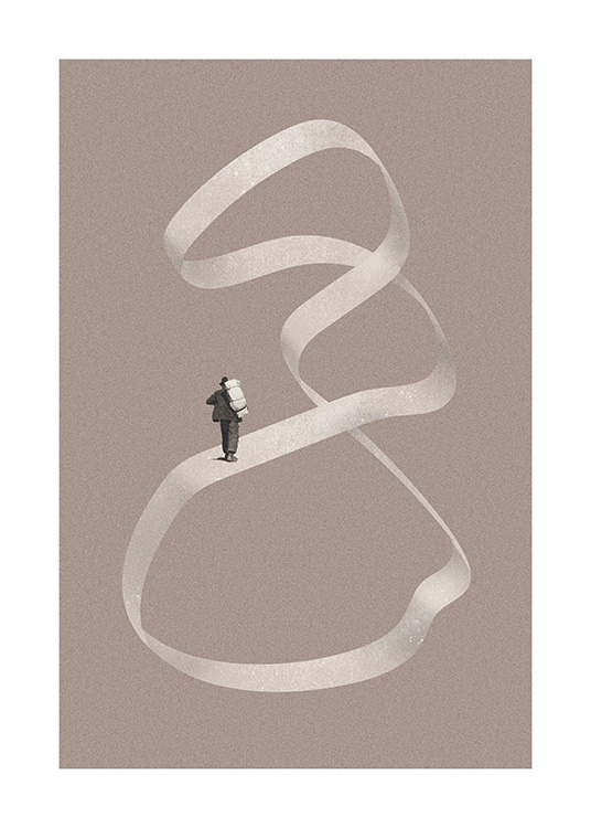  – Illustration av en man som går på en virvlande form mot en grå bakgrund