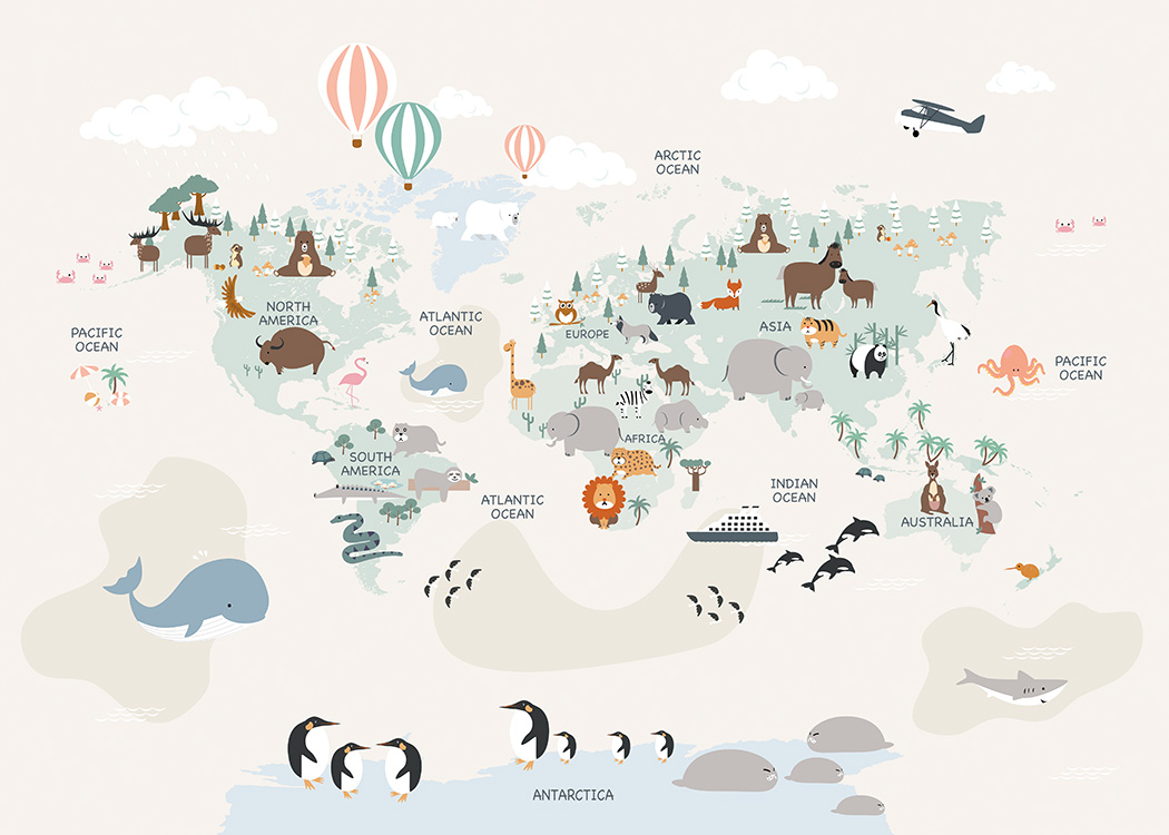  – Illustration med världskarta och djur på kontinenterna