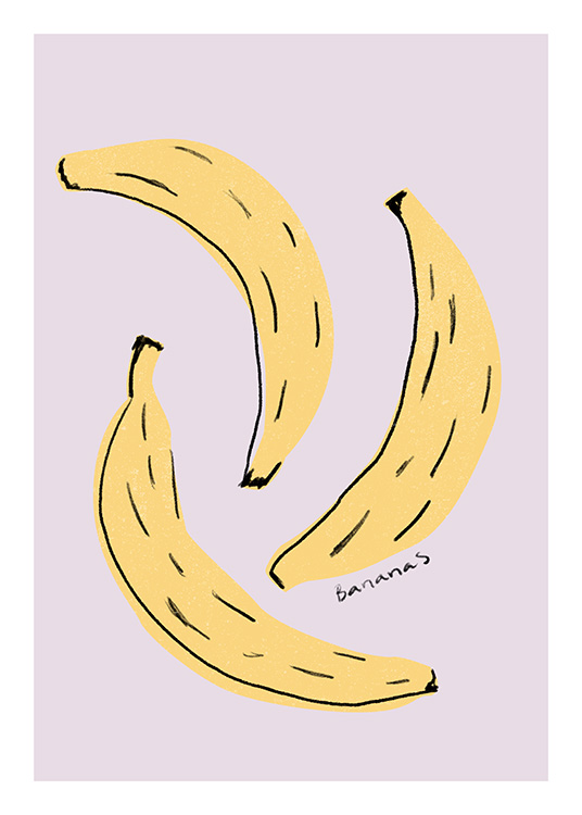 – Illustration med tre bananer i gult mot en lila bakgrund och svart text