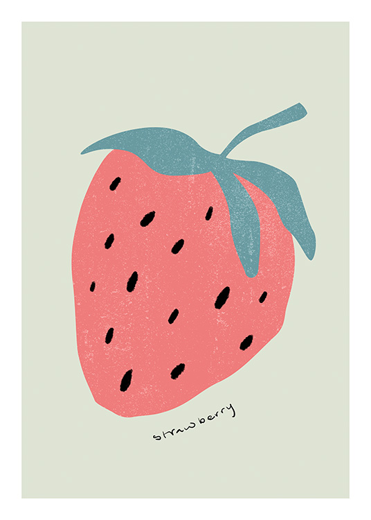 – Illustration av en röd jordgubbe och svart text mot en ljusgrön bakgrund