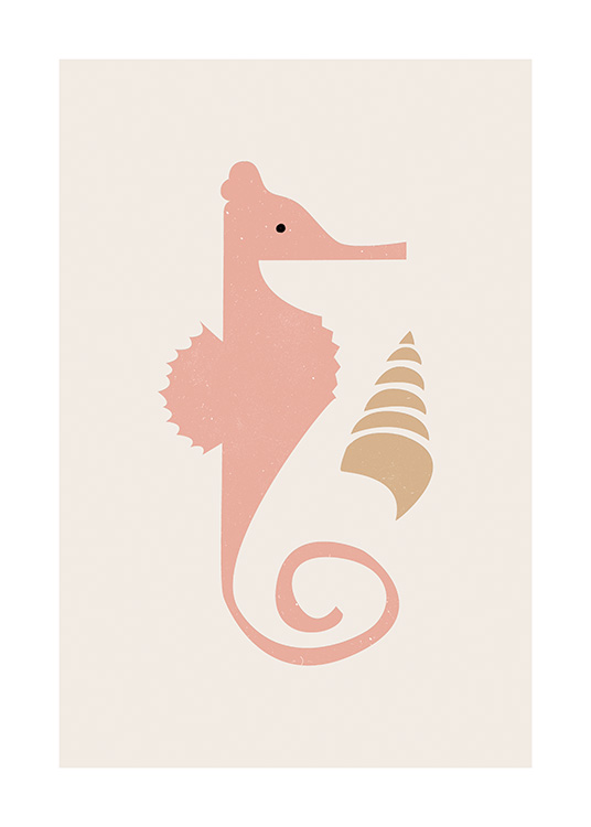  – Grafisk illustration av ett beige snäckskal och en rosa sjöhäst på en ljusbeige bakgrund