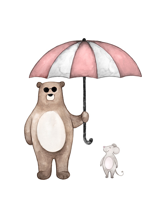  – Illustration i akvarell av en liten mus och en björn med solglasögon som står under ett paraply