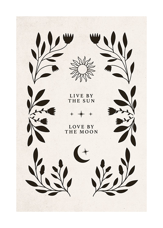  – Grafisk illustration med text, sol och måne omgivna av en ram med svarta blad och blommor