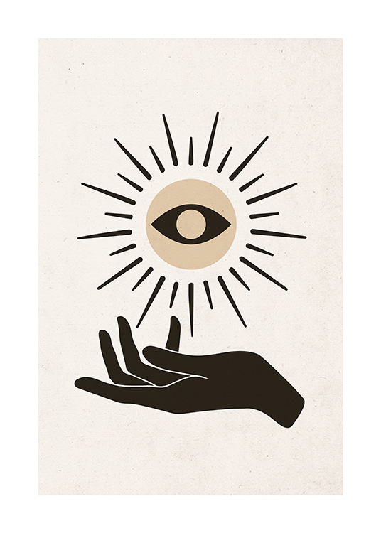  – Grafisk illustration med en sol med ett öga i mitten och en svart hand under