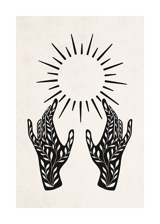  – Grafisk illustration med solstrålar ovanför svarta händer med ett bladmönster på en beige bakgrund