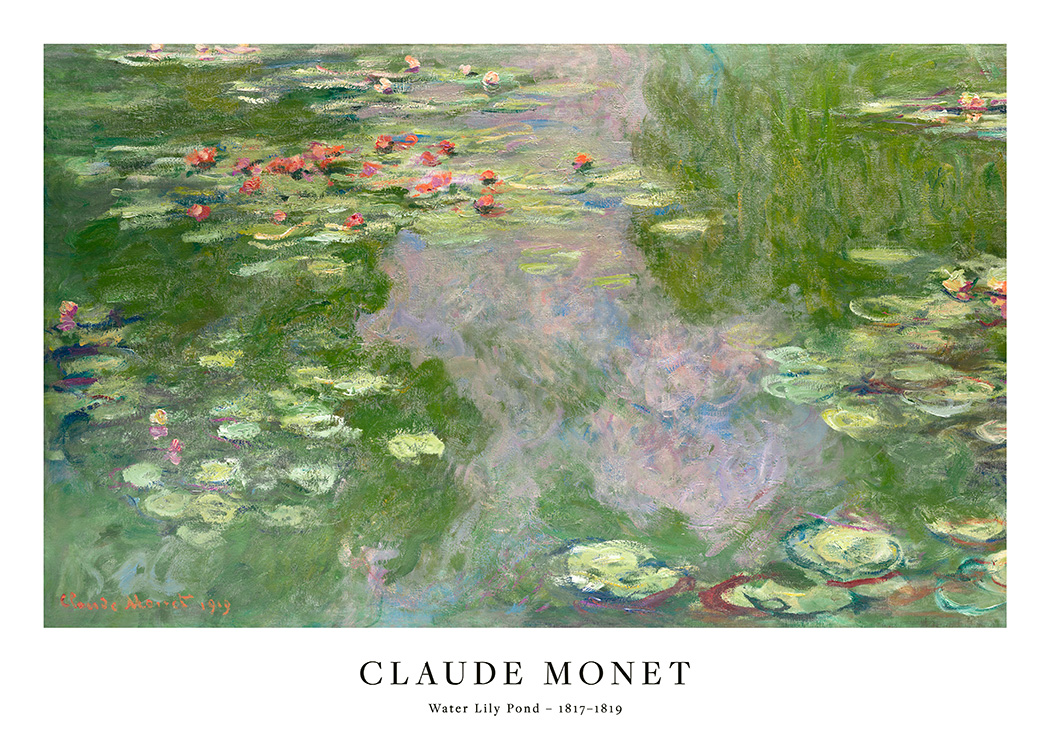  – Målning av Monet med näckrosor och blad som flyter i en damm