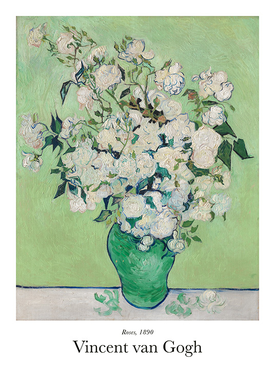  – Målning av vita rosor i en stor bukett, stående i en grön vas mot en grön bakgrund