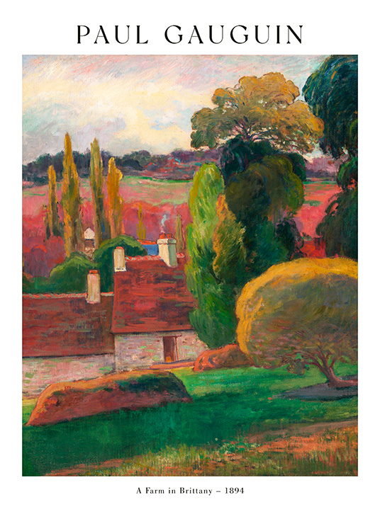 – Målning av ett färgglatt landskap i rött och grönt med två hus i mitten