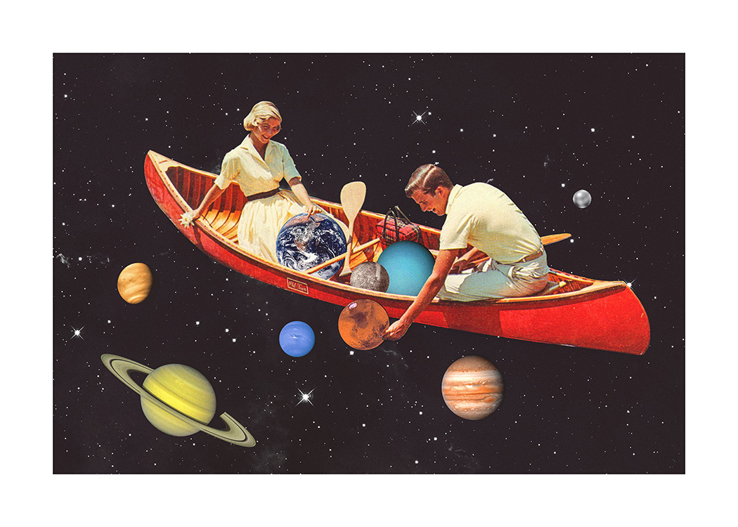  – Illustration av en kvinna och en man i en röd kanot, omgiven av planeter i rymden