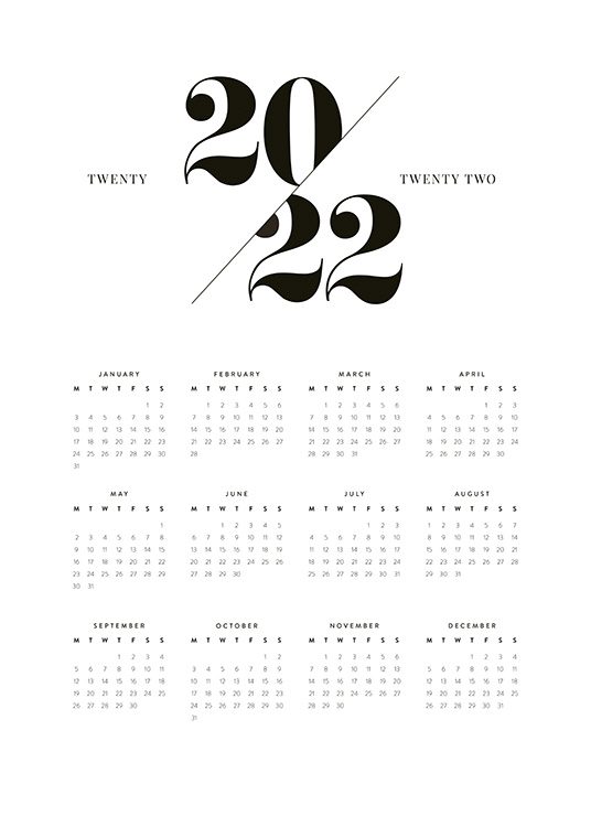  – Årskalender för 2022 med månader och datum i svart text mot en vit bakgrund