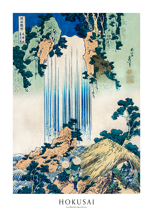 – En målning av Hokusai av ett blått vattenfall i ett abstrakt landskap, och text undertill