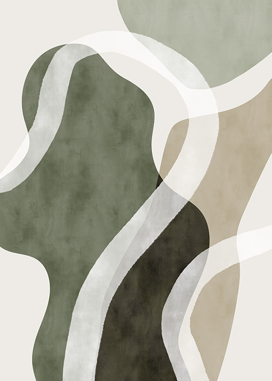 – Målning med abstrakta former i beige och grönt och linjer mot en ljusbeige bakgrund