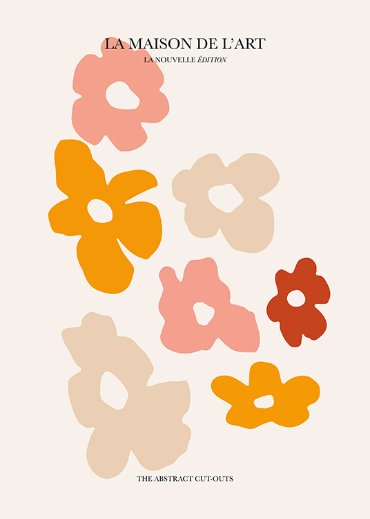 – Grafisk illustration med rosa, orange och beige utskurna blommor på en beige bakgrund