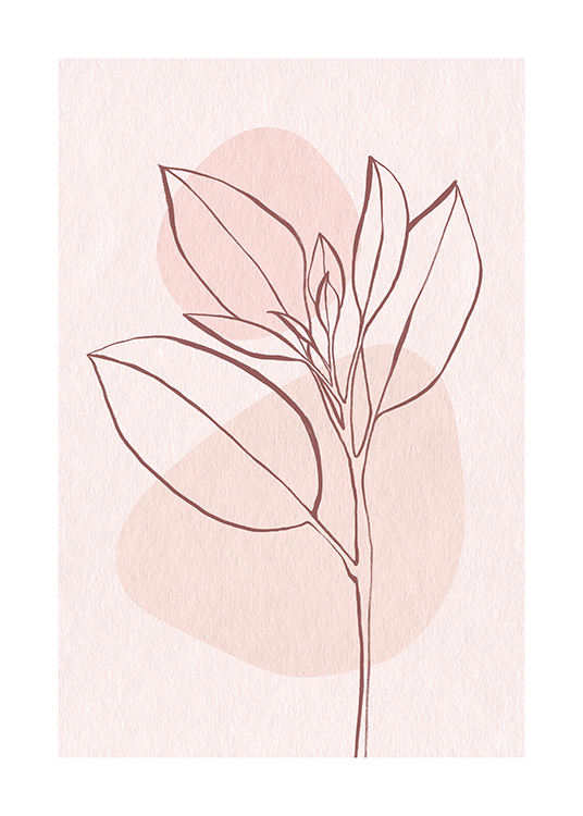 – Line art-illustration av ett rosa löv mot en bakgrund i rosa med två cirklar