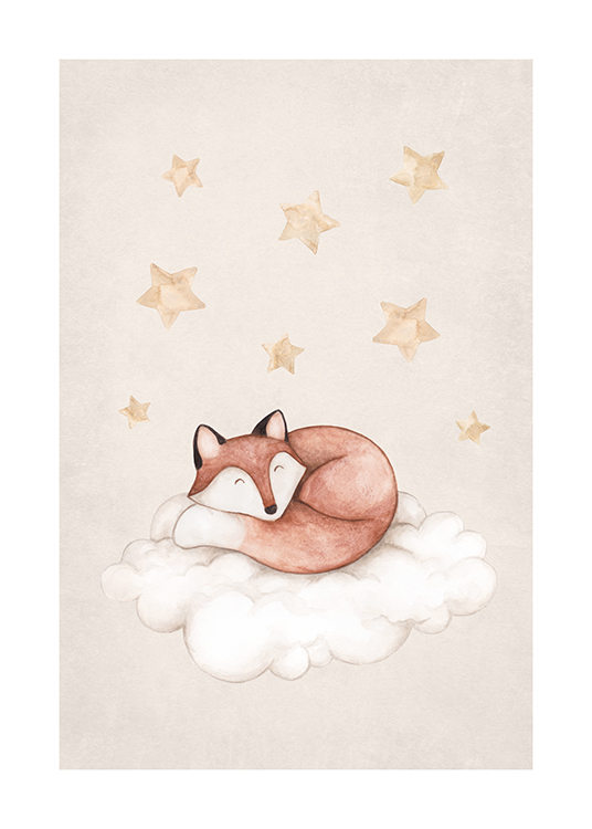 – Illustration i akvarell av en sovande räv som ligger på ett moln, med stjärnor ovanför