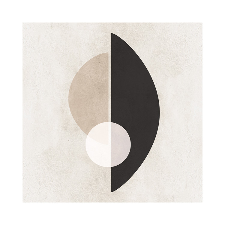 – En grafisk poster med halvcirklar och cirkel i beige, svart och vitt mot en beige bakgrund