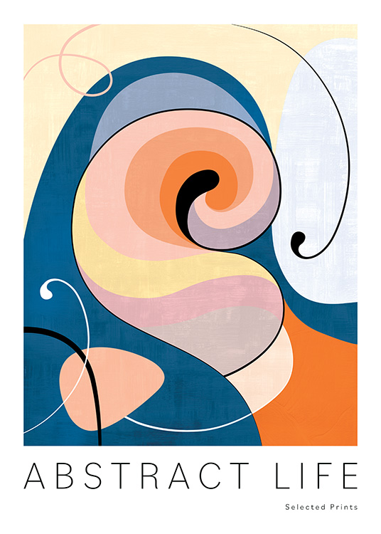 – Abstrakt konstmotiv i orange, blått, gult och rosa